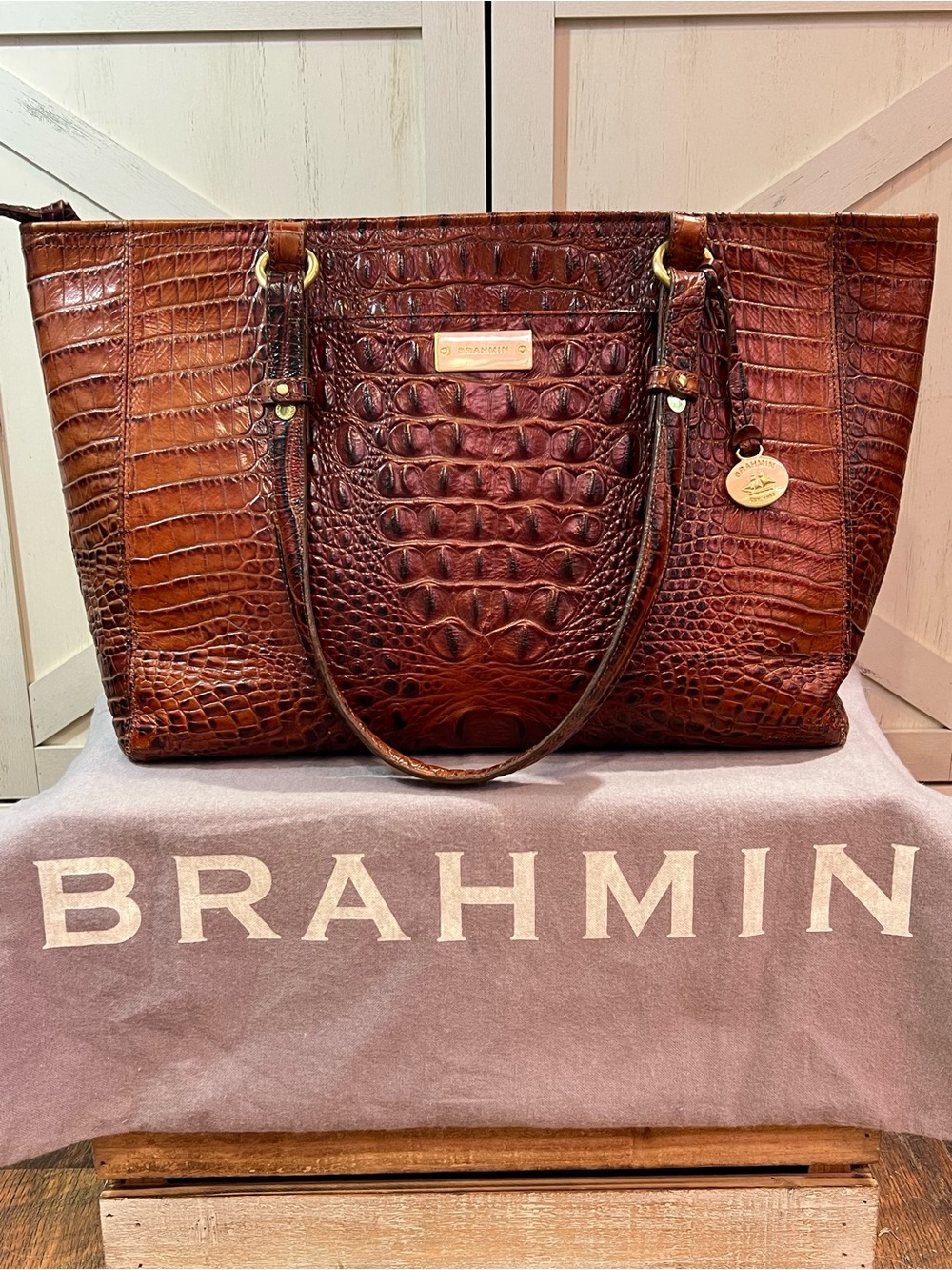 BRAHMIN Medium Asher Pecan Melbourne croc-embossed leather tote Gold hardware